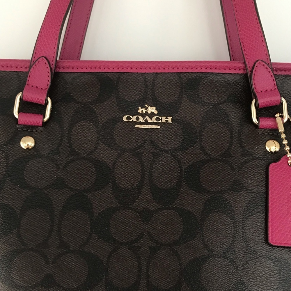 Coach City Tote Bag in Signature Coated Canvas with magenta leather accents - Picture 3 of 16